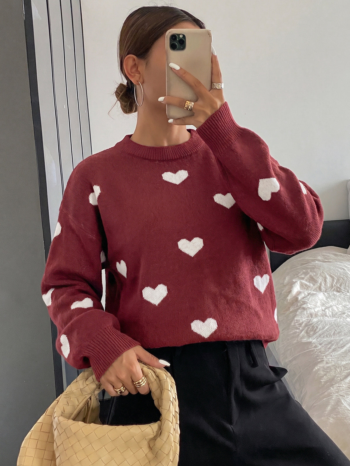 Heart Print Crew Neck Sweater