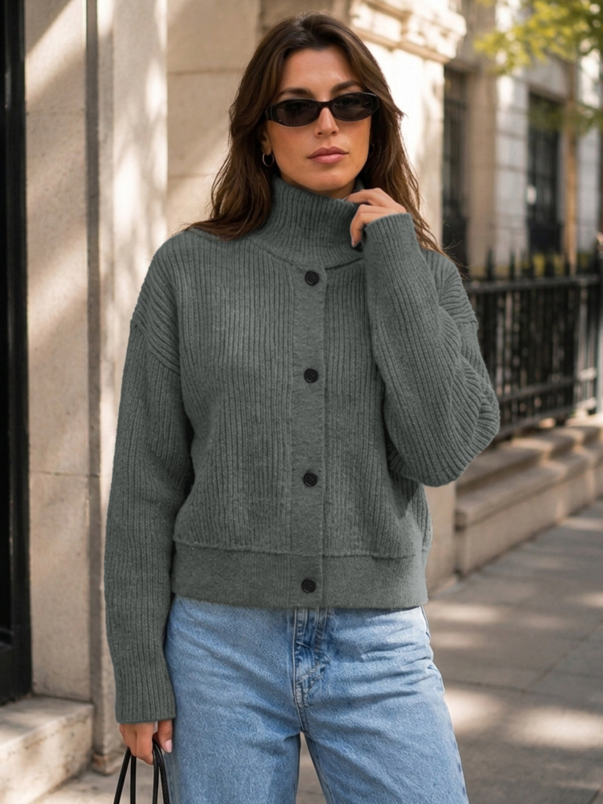 Button Up Cardigan with High Neck, Ribbed Knit and Drop Shoulders
