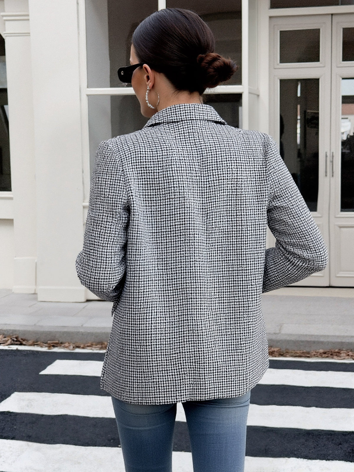 Houndstooth Blazer with Notch Lapel, Double Breasted Buttons and Flap Pockets