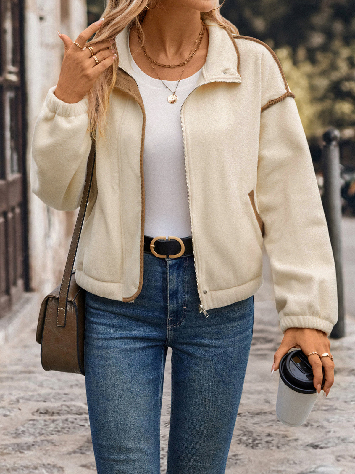 Cropped Fleece Jacket with Contrast Trim and Zip Front