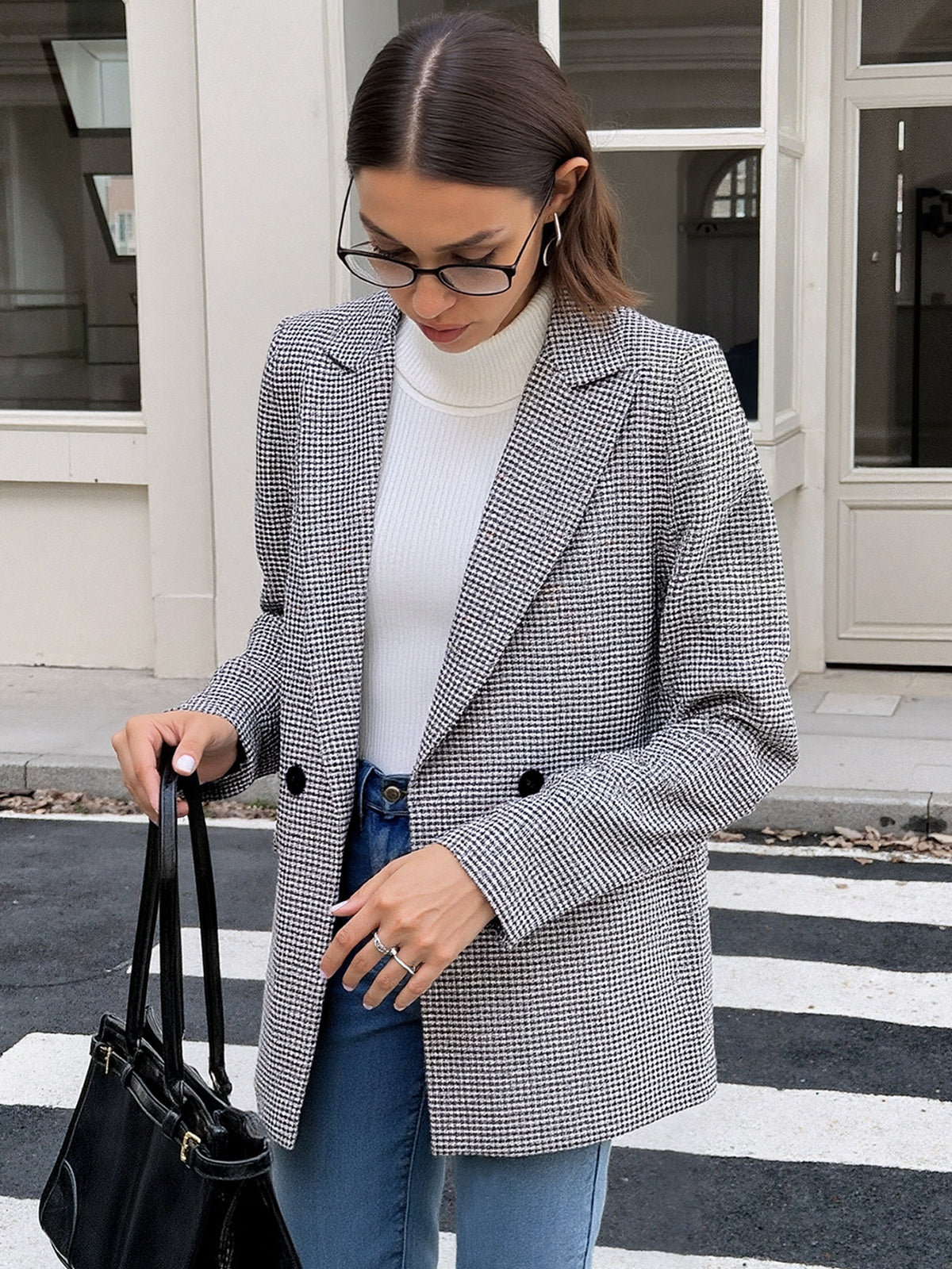 Houndstooth Blazer with Notch Lapel, Double Breasted Buttons and Flap Pockets
