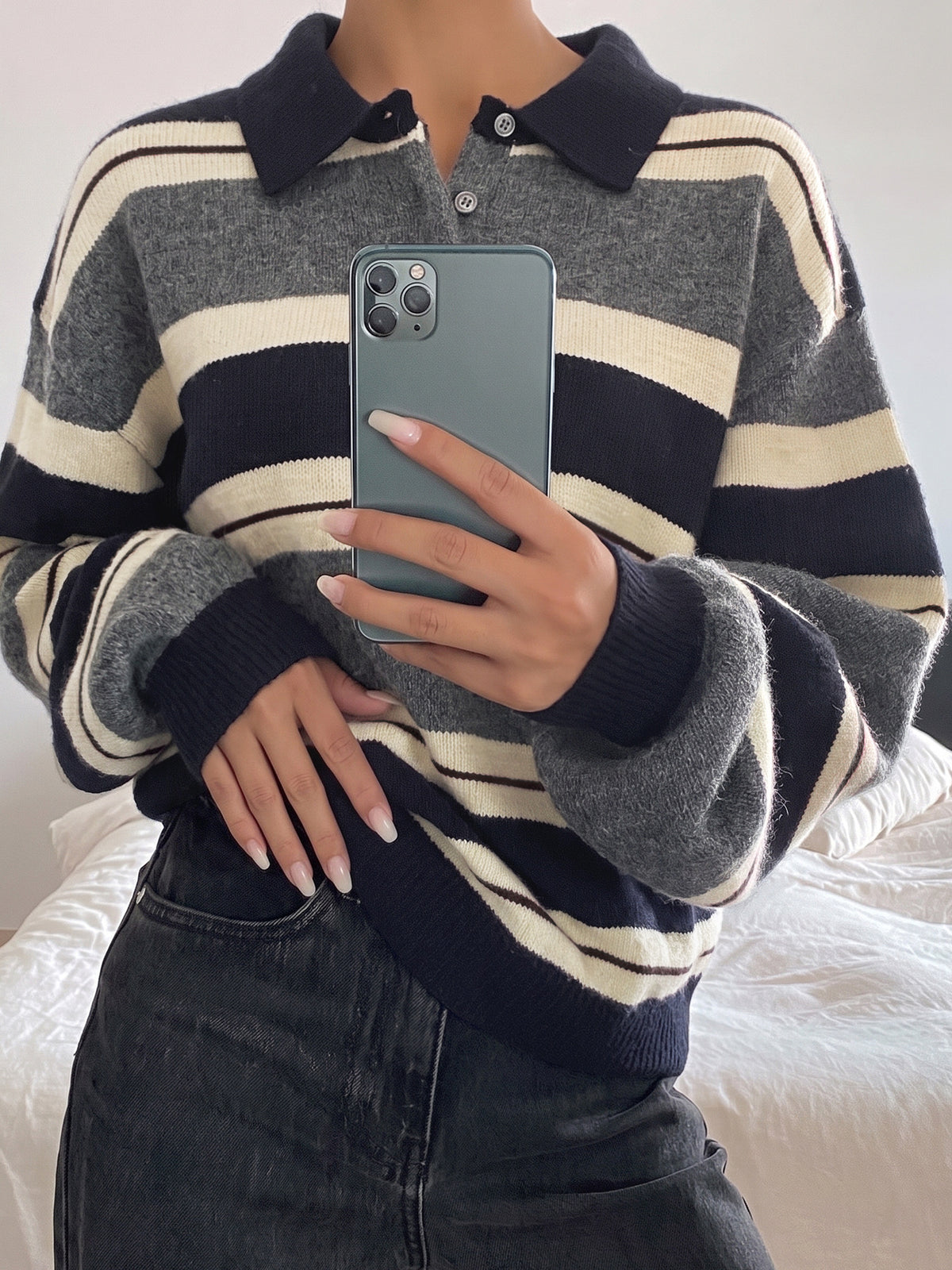 Striped Polo Sweater with Contrast Collar and Drop Shoulders