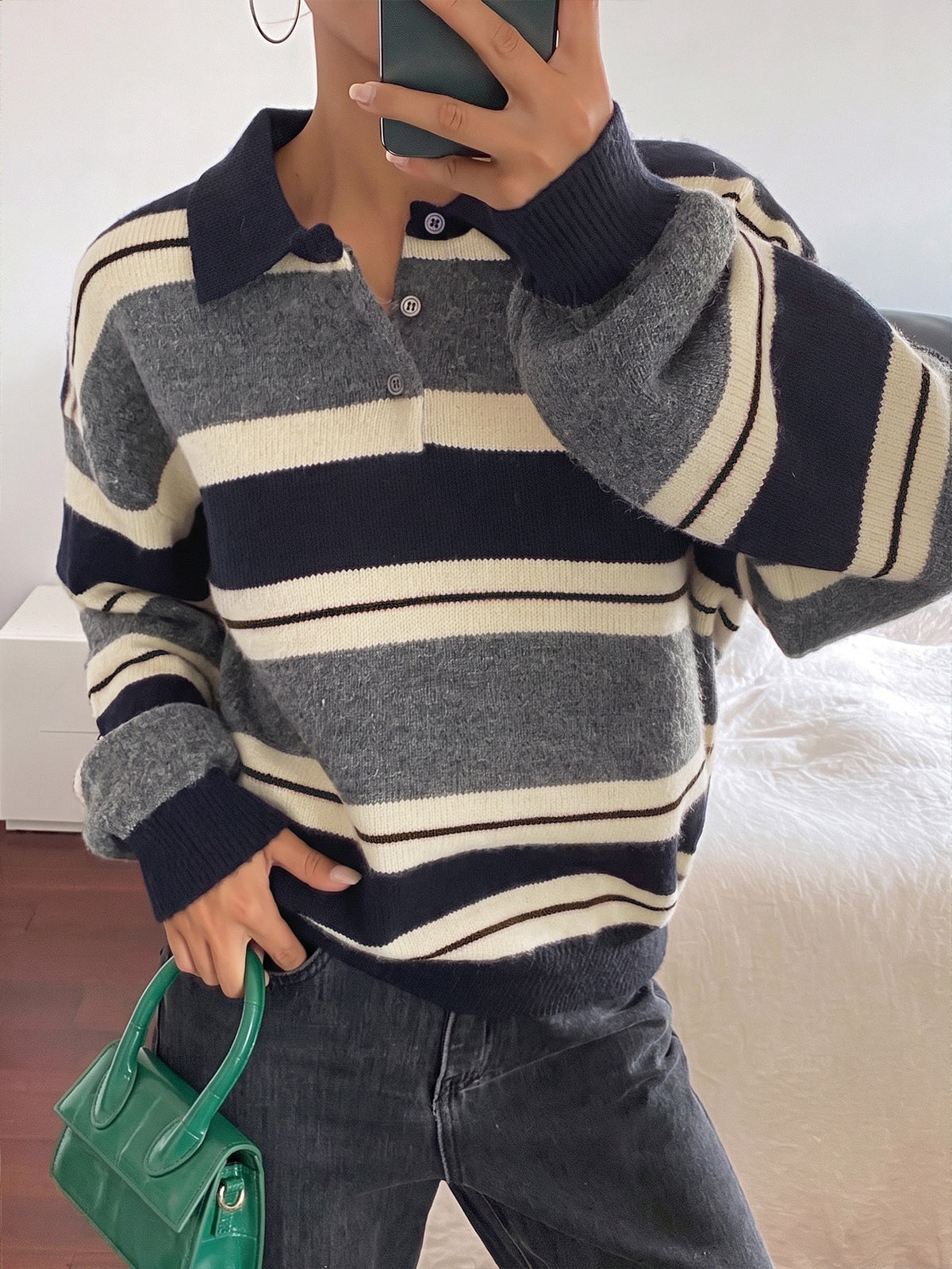 Striped Polo Sweater with Contrast Collar and Drop Shoulders