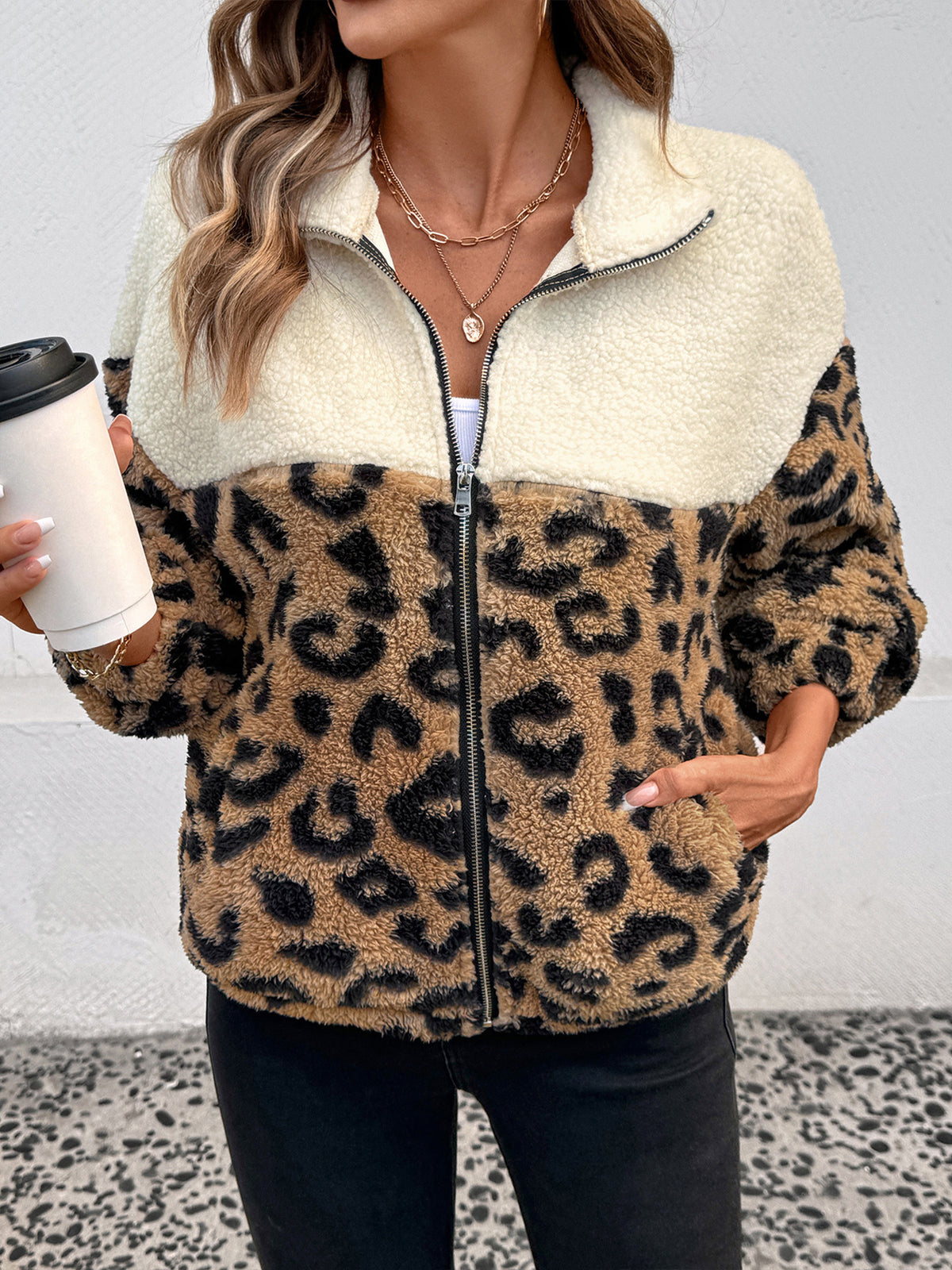 Leopard Print Sherpa Jacket with Full Zip