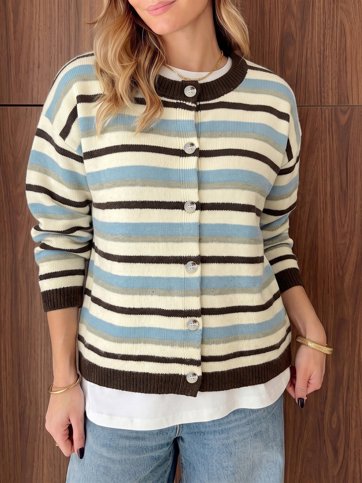 Striped Cardigan with Crew Neck, Button Front and Contrast Ribbed Trim