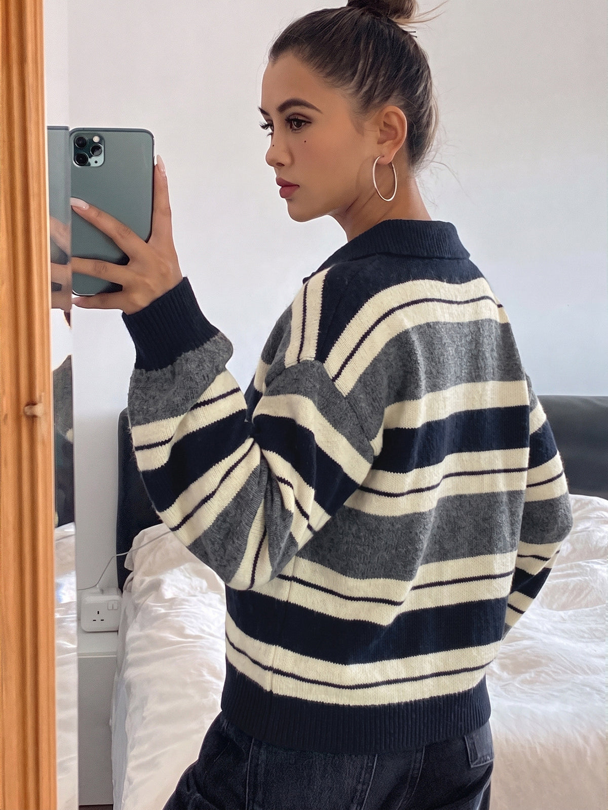 Striped Polo Sweater with Contrast Collar and Drop Shoulders