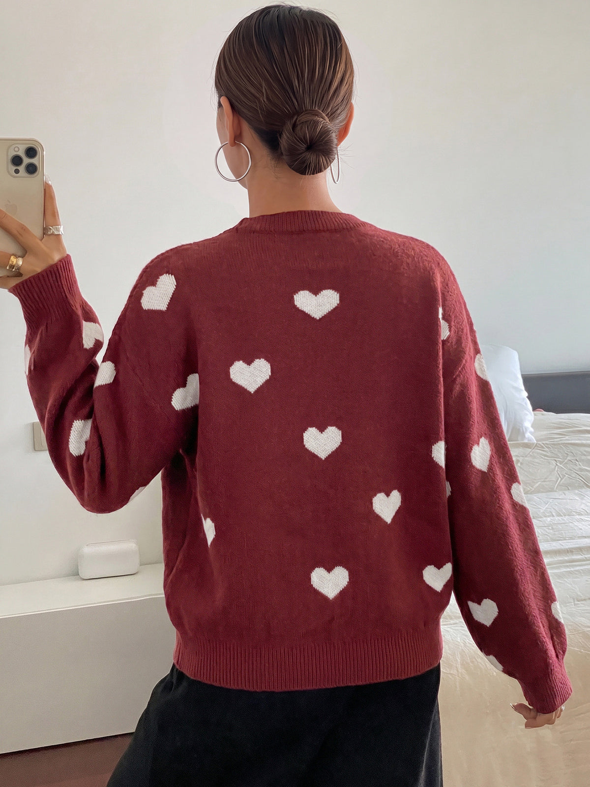 Heart Print Crew Neck Sweater