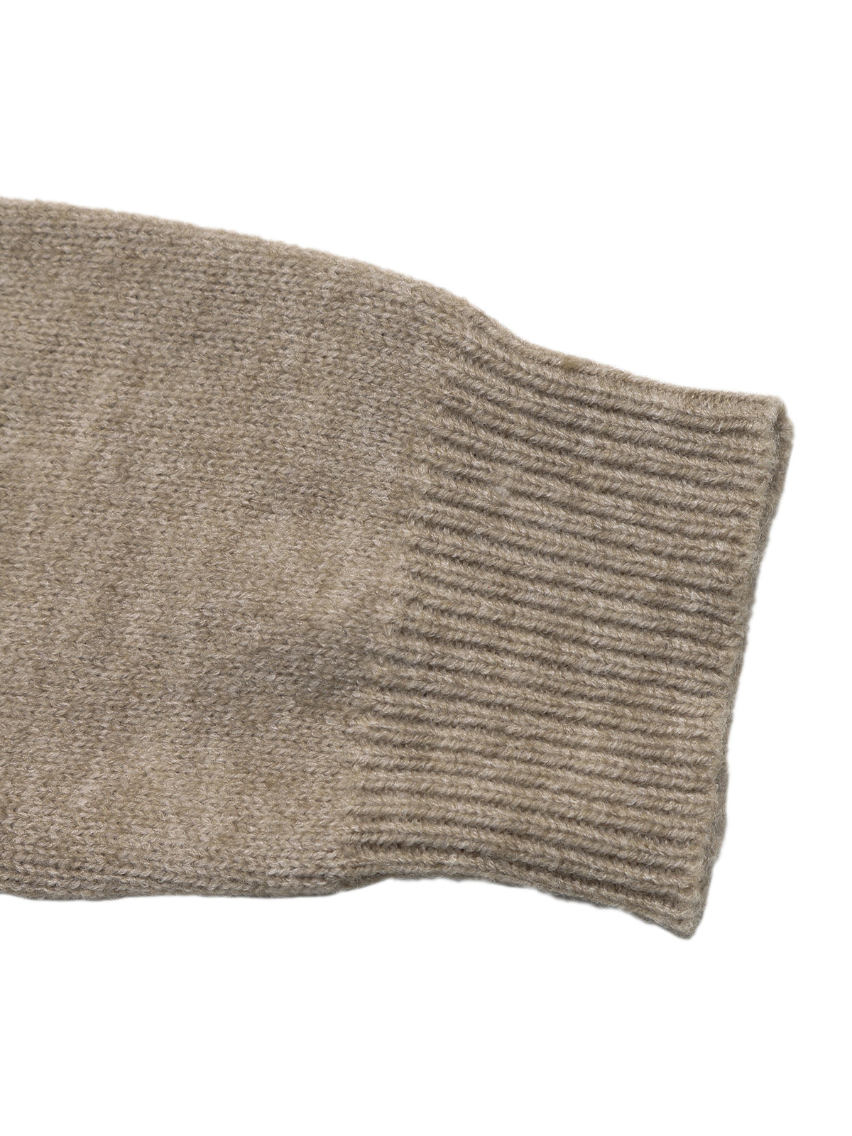 Close-up of a ribbed knit sleeve cuff in a warm taupe-beige color on a plain white background.