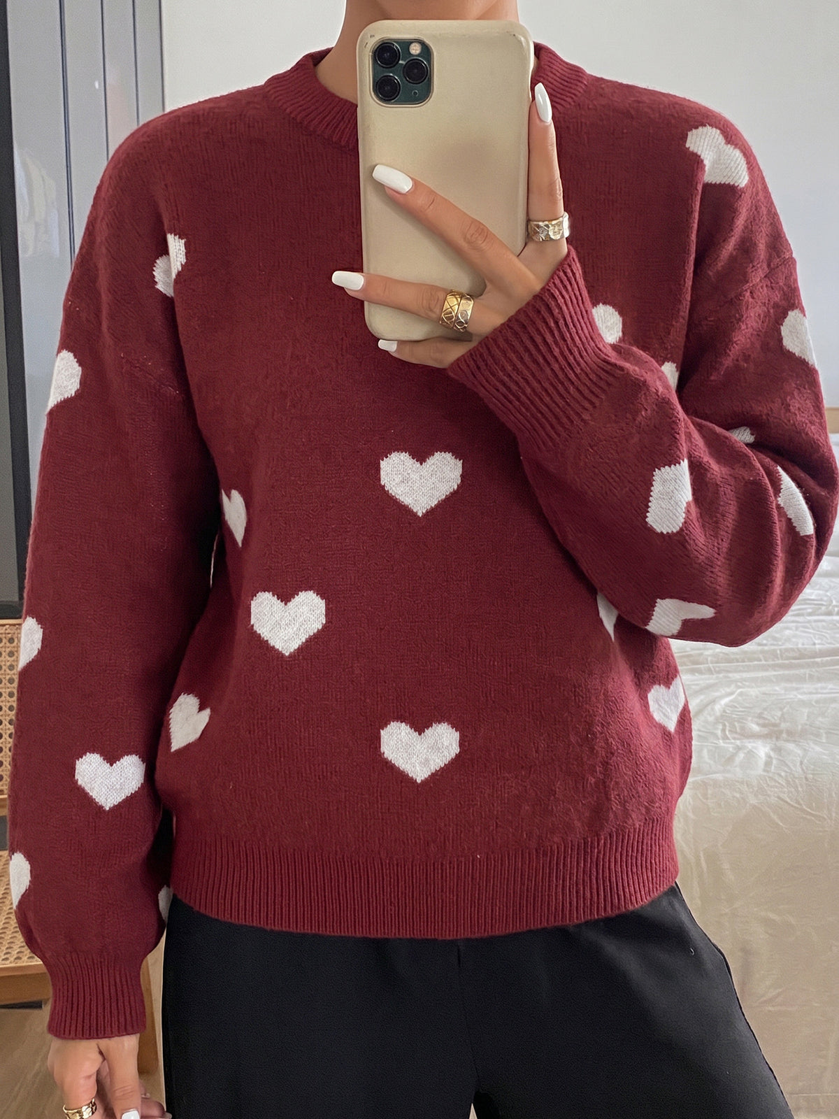 Heart Print Crew Neck Sweater