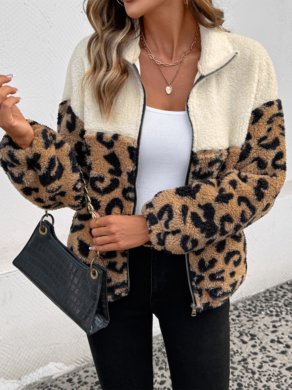Leopard Print Sherpa Jacket with Full Zip