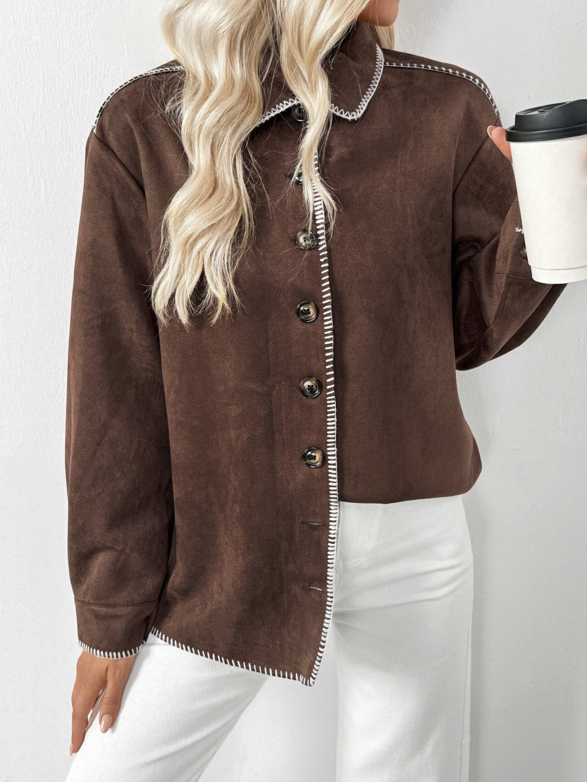 Faux Suede Shirt Jacket with Contrast Stitching