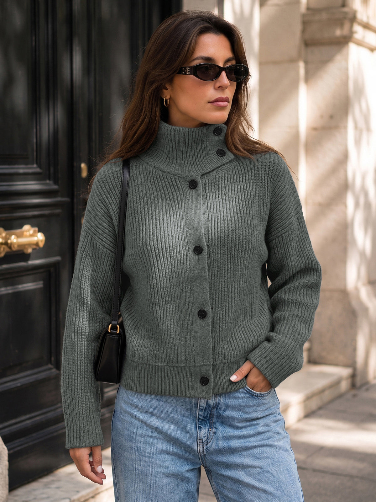 Button Up Cardigan with High Neck, Ribbed Knit and Drop Shoulders