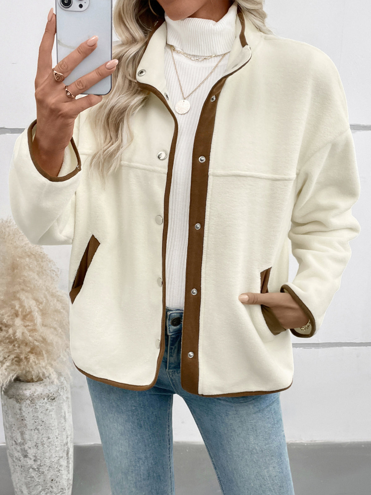 Stand Collar Fleece Jacket with Snap Buttons