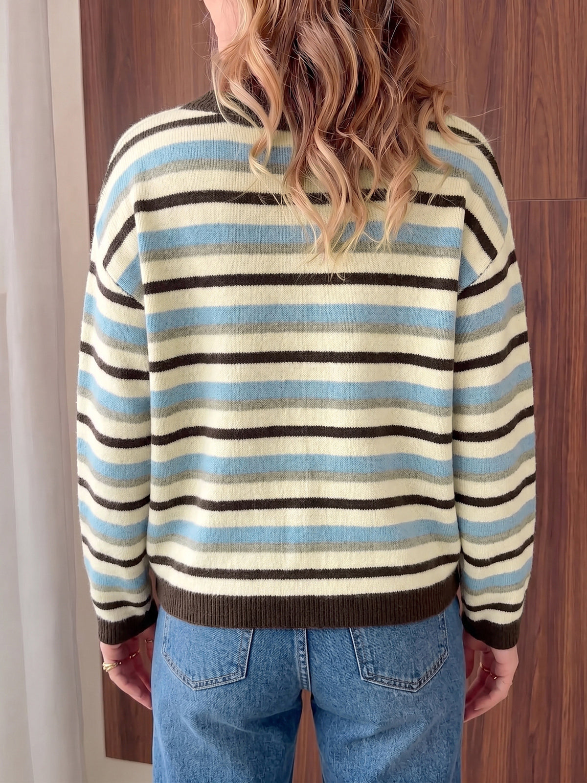 Striped Cardigan with Crew Neck, Button Front and Contrast Ribbed Trim