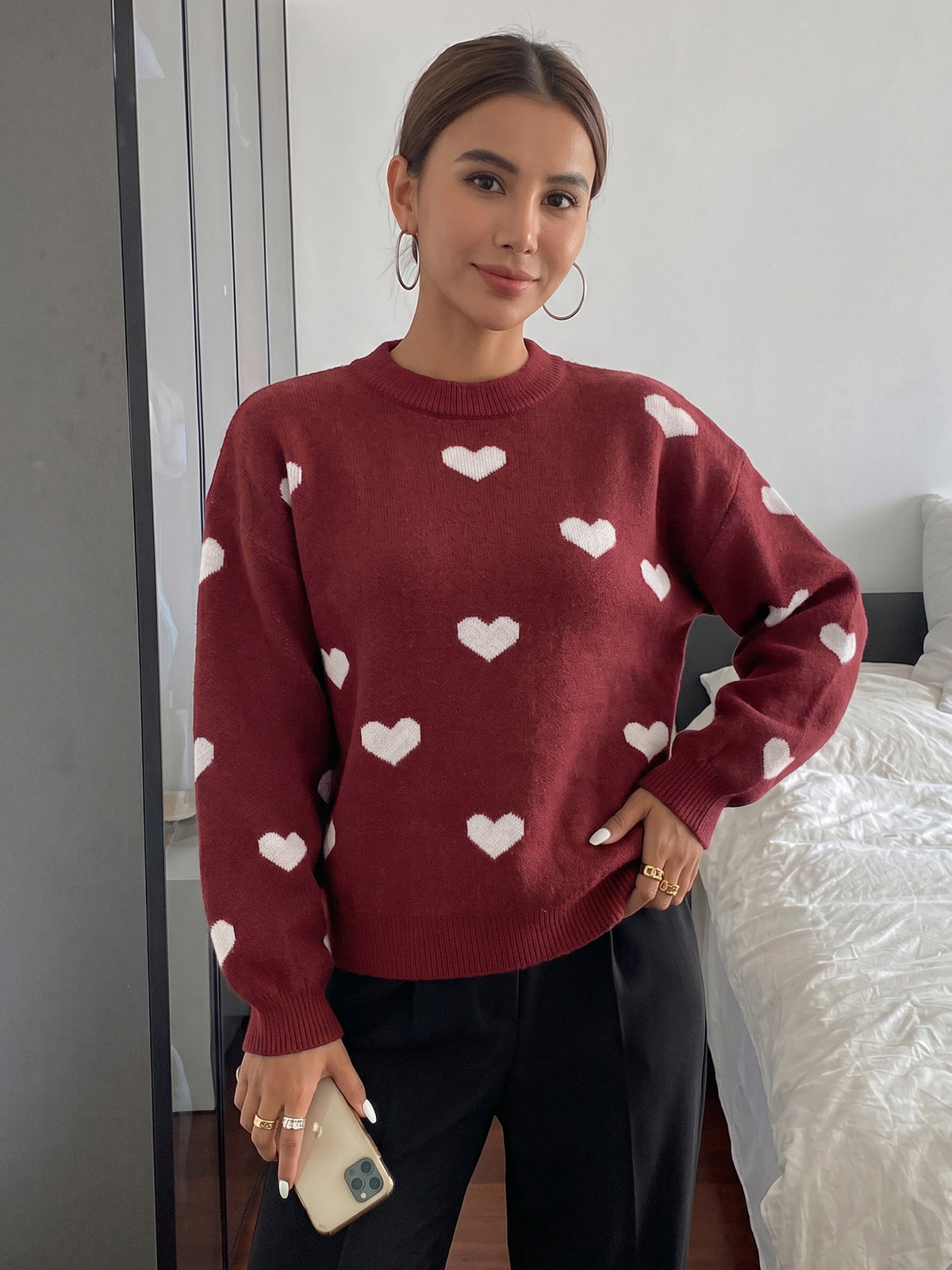 Heart Print Crew Neck Sweater