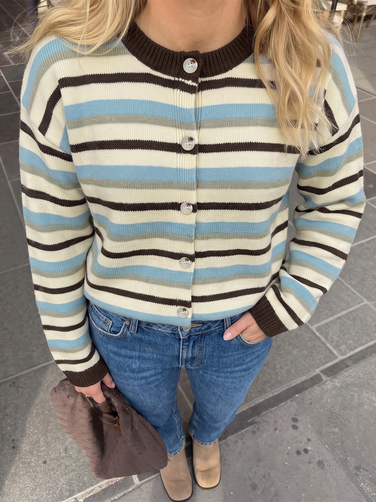Striped Cardigan with Crew Neck, Button Front and Contrast Ribbed Trim