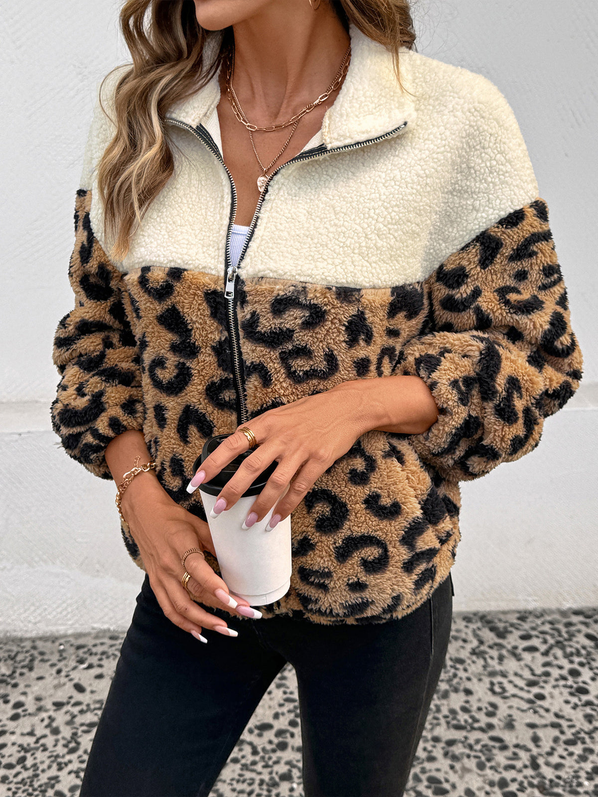 Leopard Print Sherpa Jacket with Full Zip