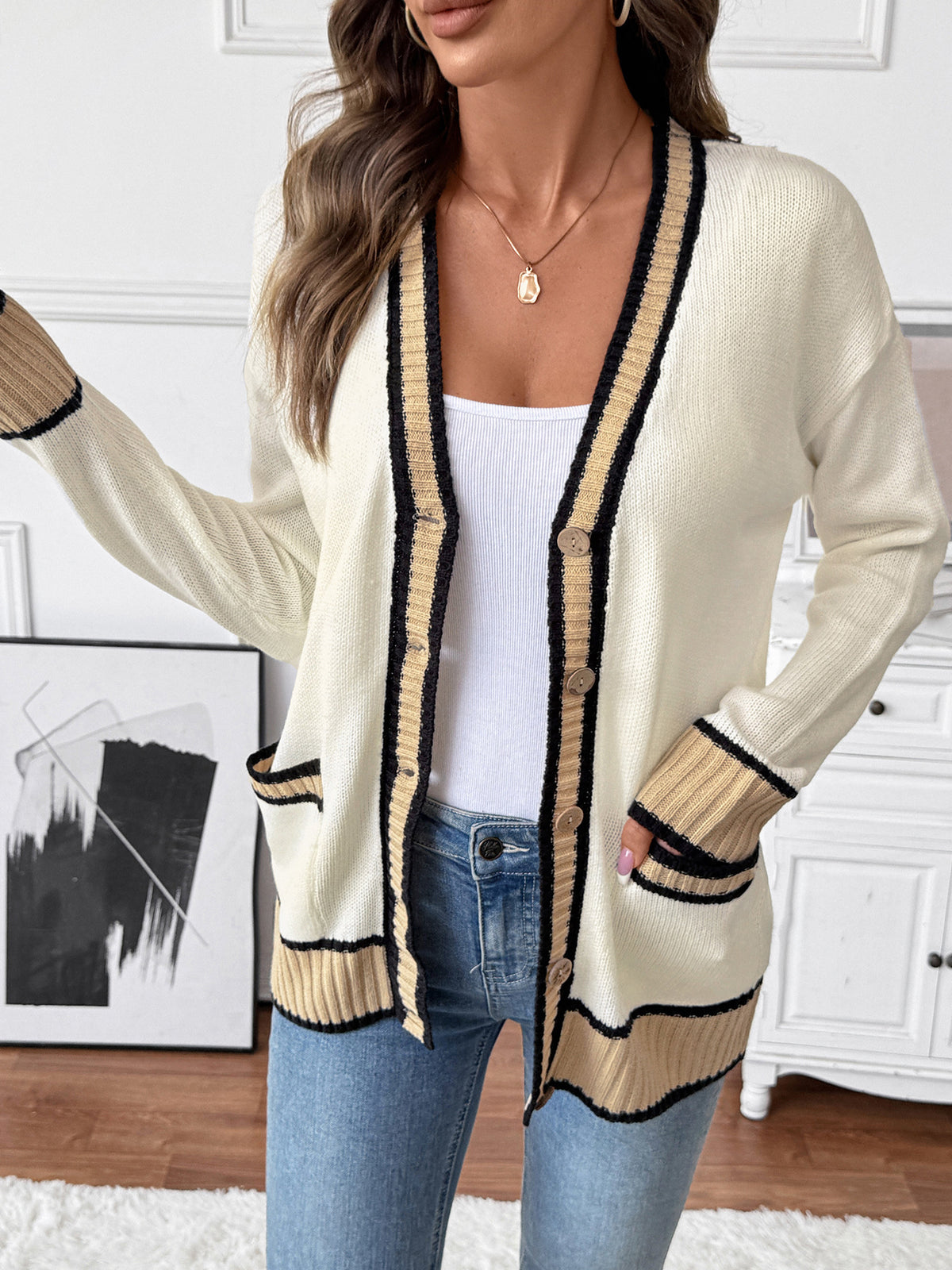 V Neck Cardigan with Contrast Trim and Pockets