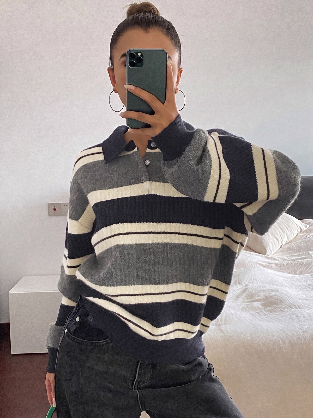Striped Polo Sweater with Contrast Collar and Drop Shoulders
