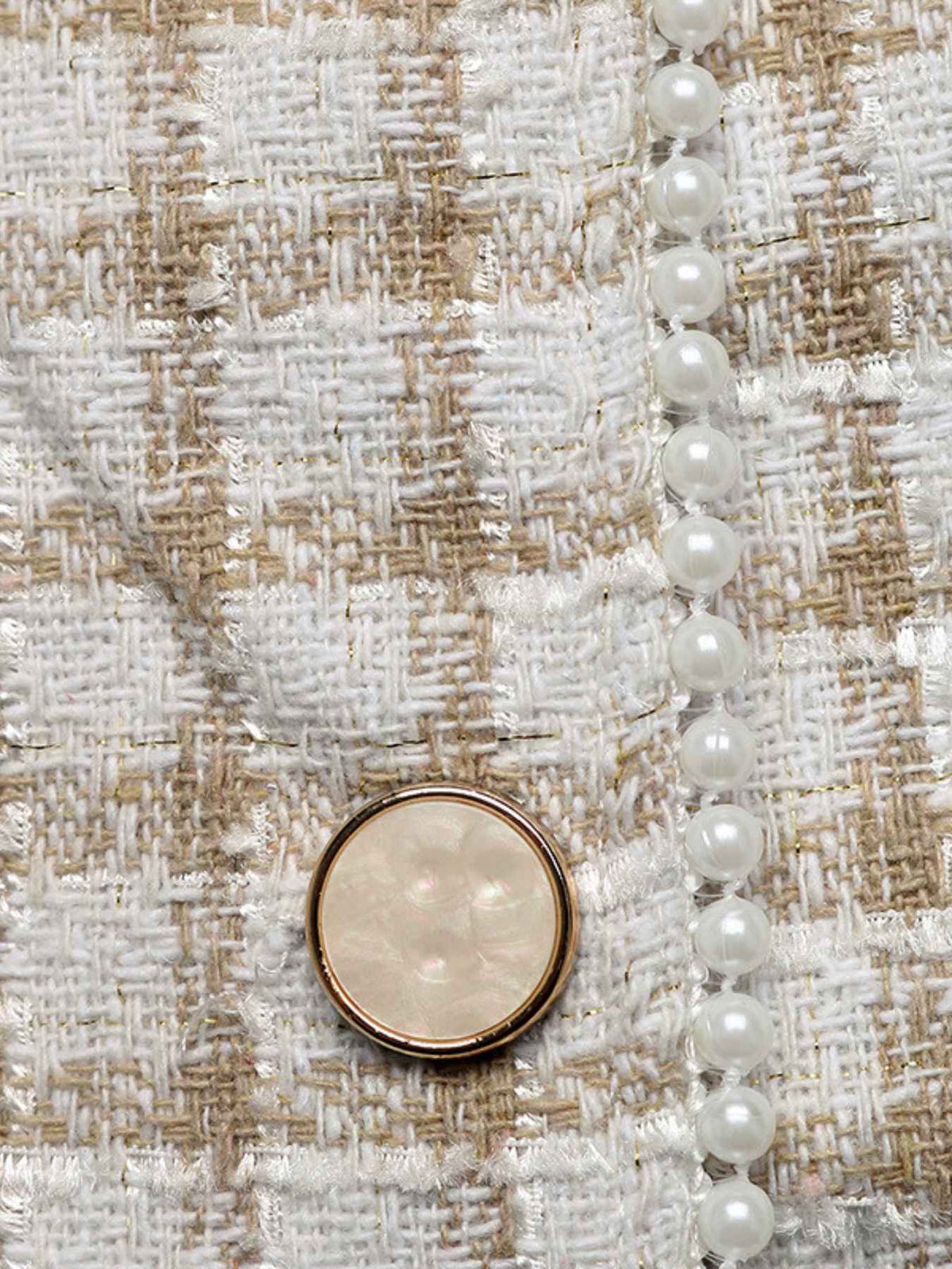 Cropped Plaid Tweed Jacket with Pearl Trim