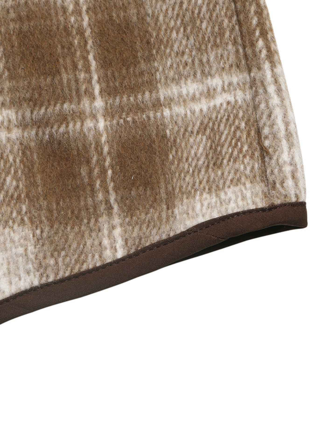 Collarless Plaid Jacket with Contrast Trim and Button Front