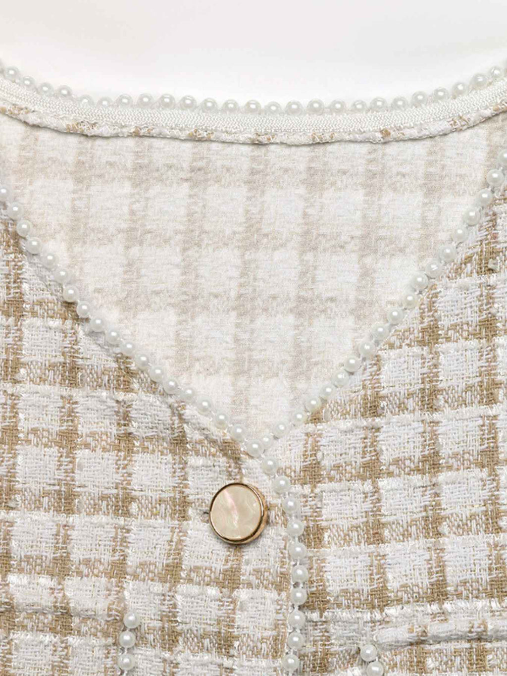 Cropped Plaid Tweed Jacket with Pearl Trim