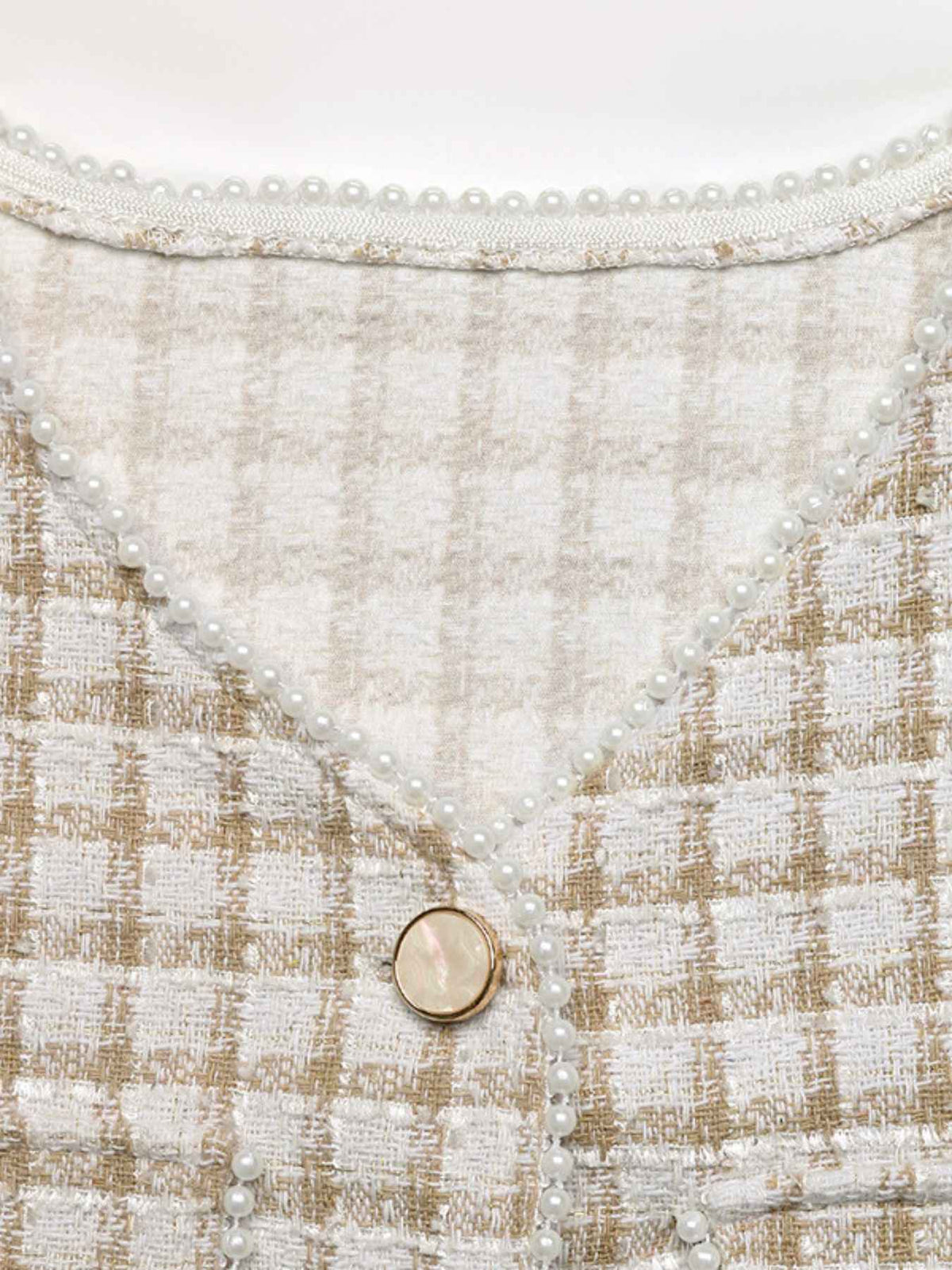 Cropped Plaid Tweed Jacket with Pearl Trim