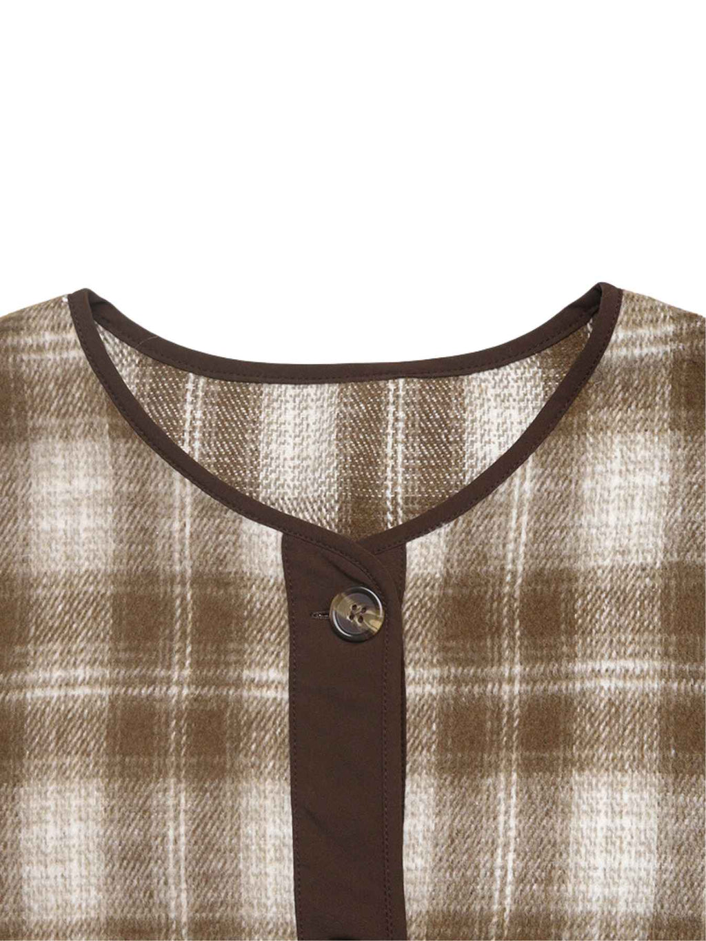 Collarless Plaid Jacket with Contrast Trim and Button Front