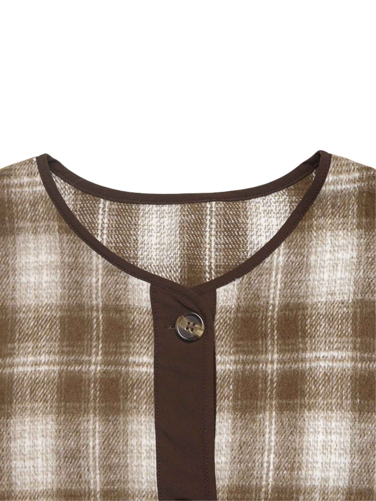 Collarless Plaid Jacket with Contrast Trim and Button Front
