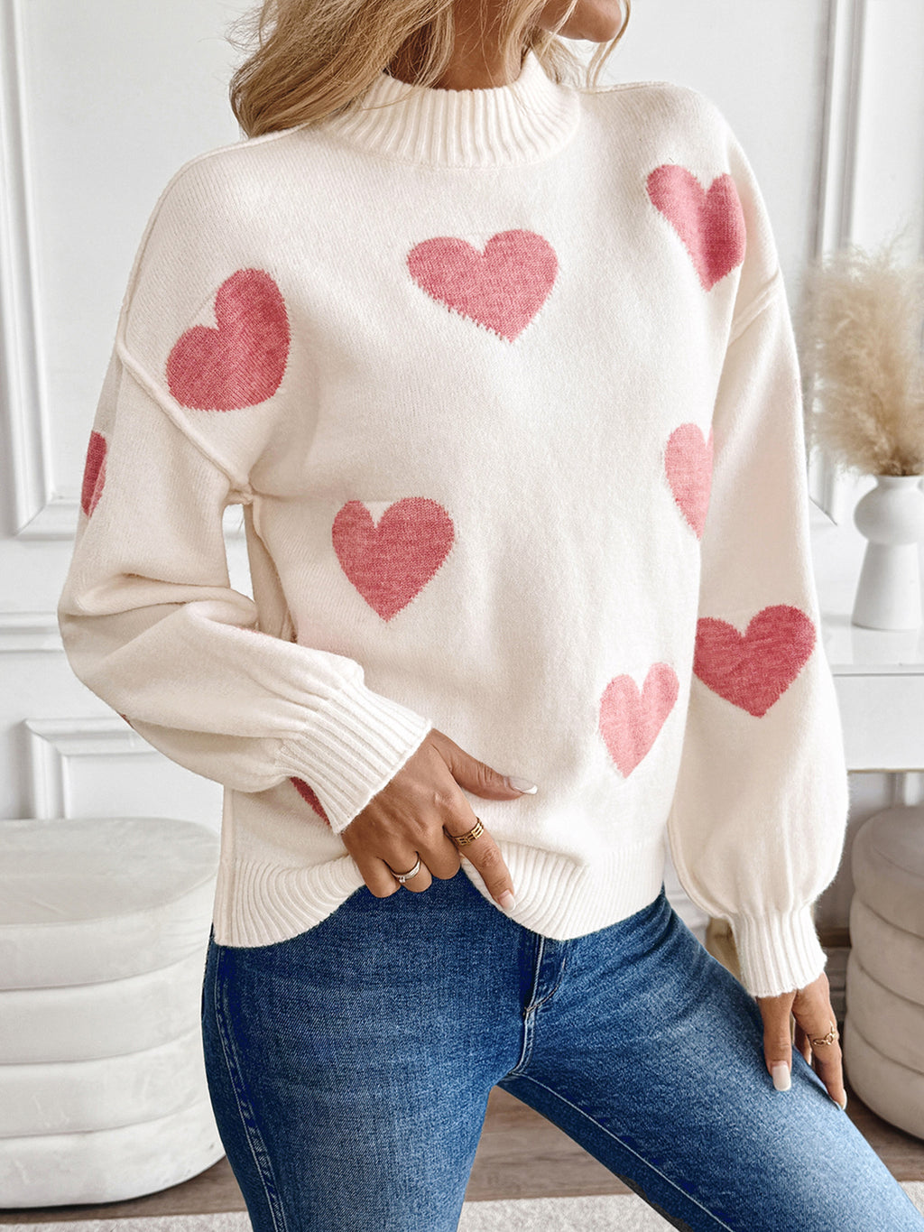 Mock Neck Heart Sweater with Lantern Sleeves