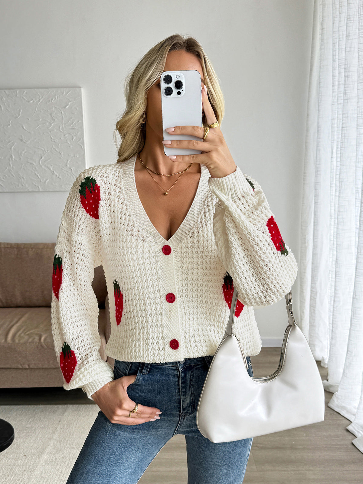 Strawberry Cardigan with Red Buttons