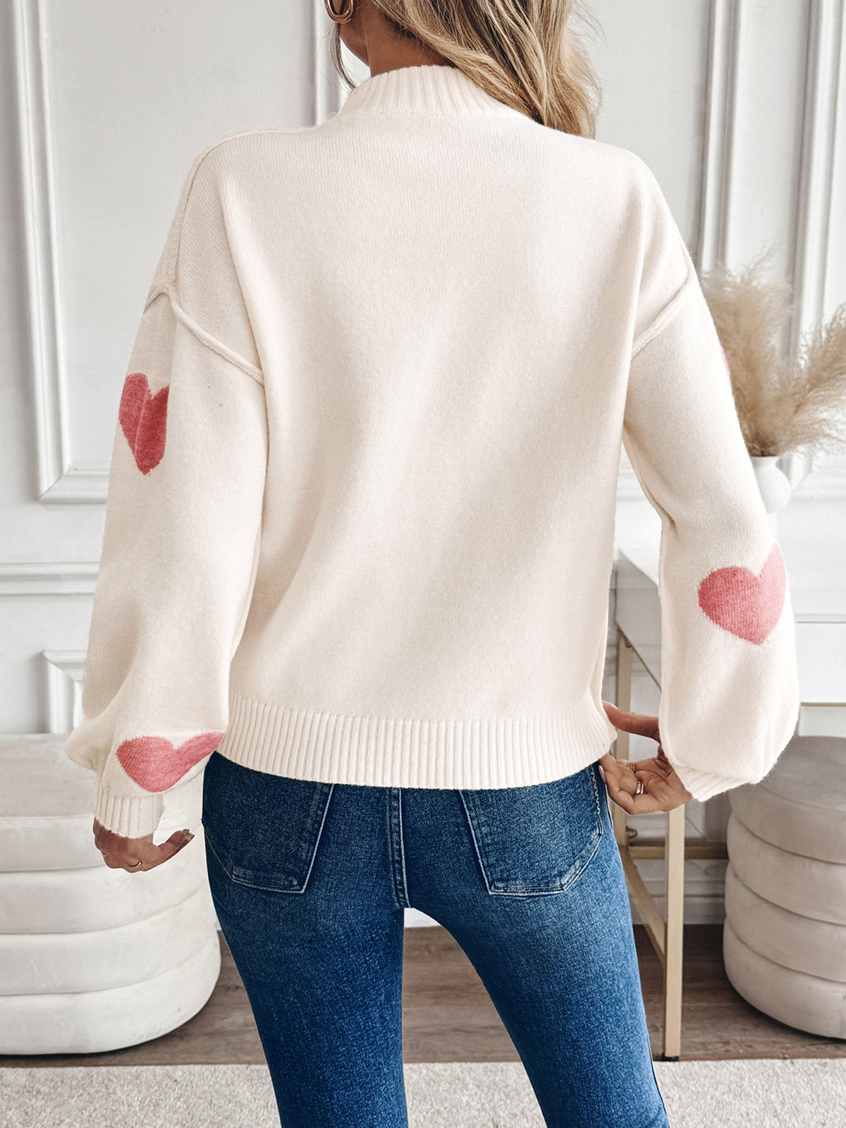 Mock Neck Heart Sweater with Lantern Sleeves