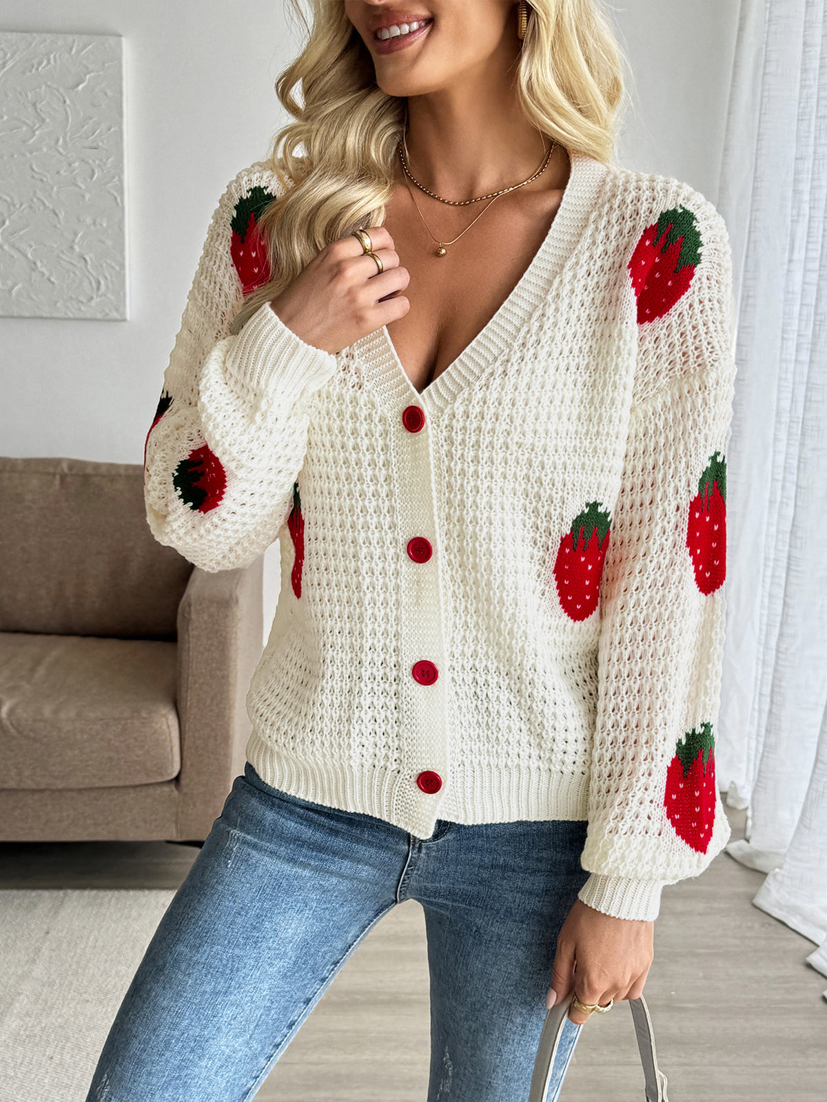 Strawberry Cardigan with Red Buttons