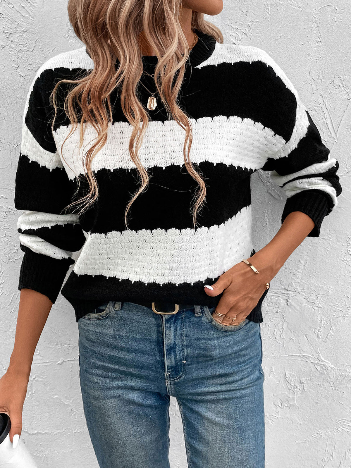 Striped Sweater with Textured Knit Bands