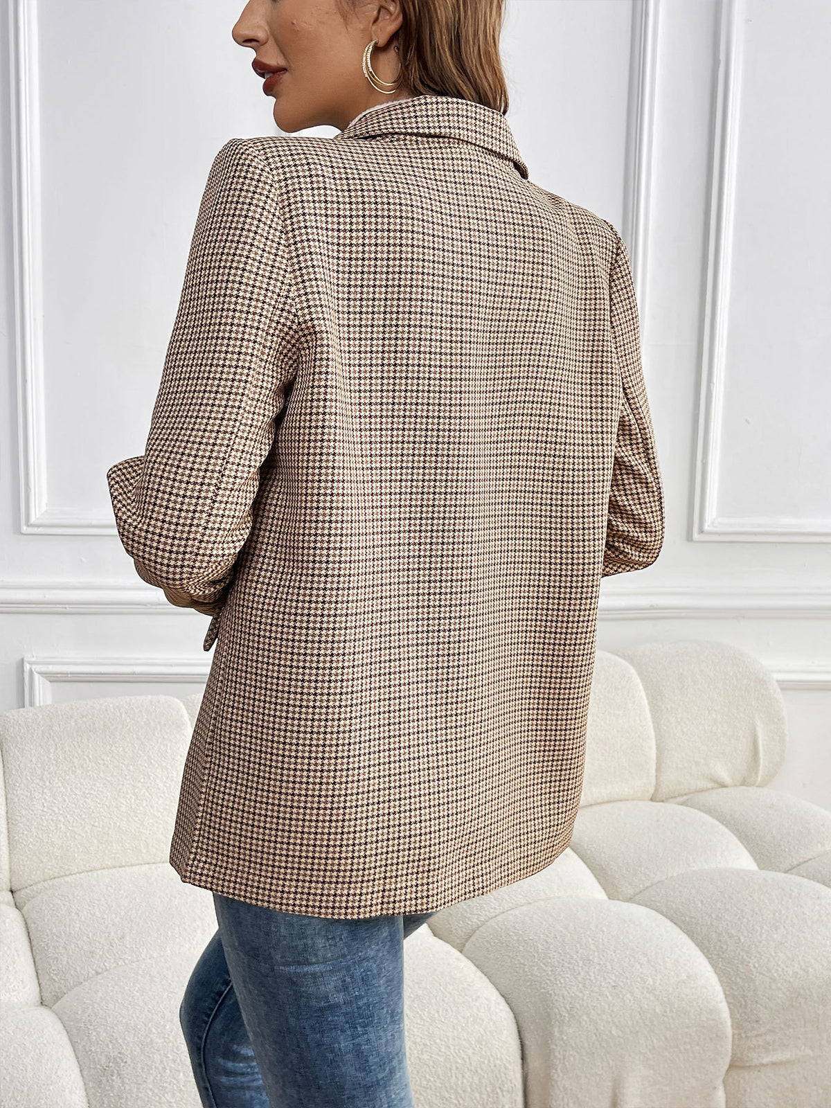 Houndstooth Blazer with Notch Lapel, Double Breasted Buttons and Flap Pockets