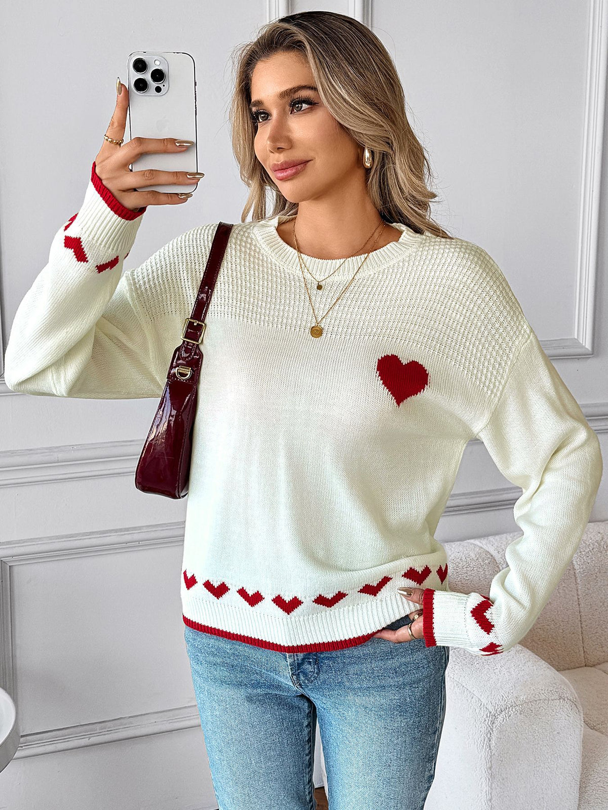 Heart Pattern Crew Neck Sweater with Contrast Trim