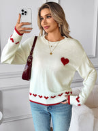 Heart Pattern Crew Neck Sweater with Contrast Trim