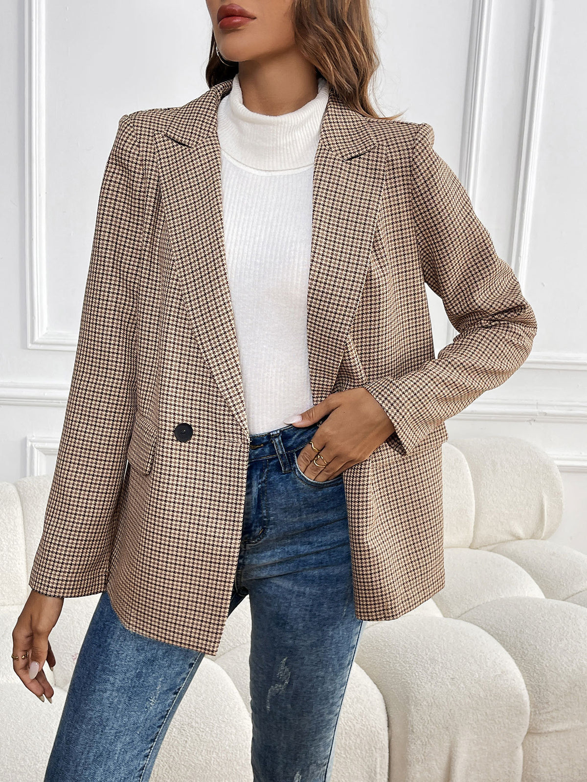 Houndstooth Blazer with Notch Lapel, Double Breasted Buttons and Flap Pockets