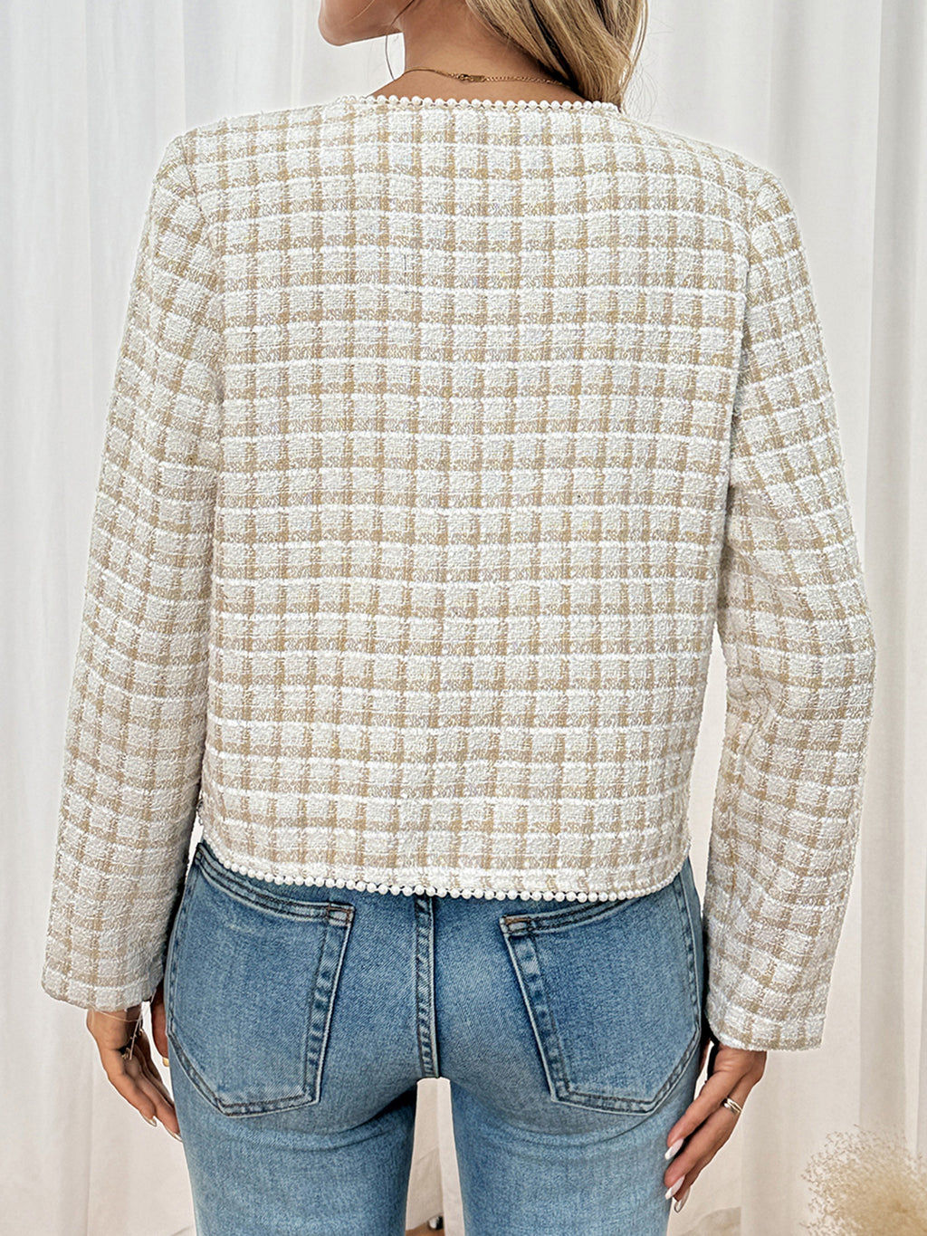 Cropped Plaid Tweed Jacket with Pearl Trim