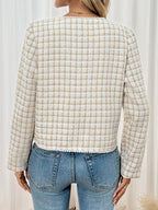 Cropped Plaid Tweed Jacket with Pearl Trim
