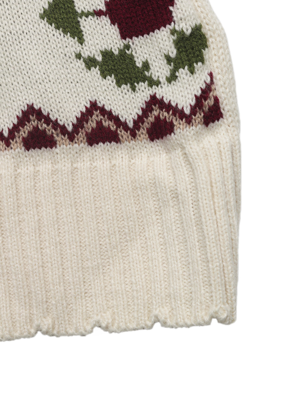 Close-up of a knitted garment with a patterned edge on a white background