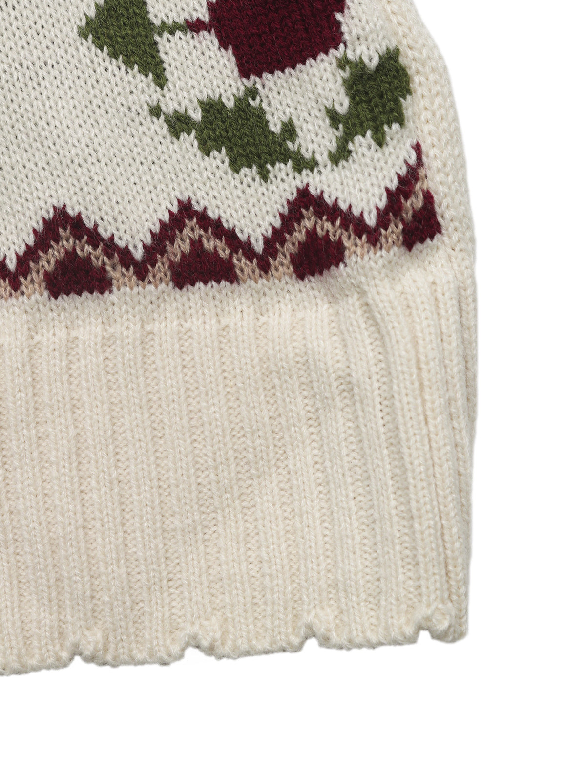 Close-up of a knitted garment with a patterned edge on a white background