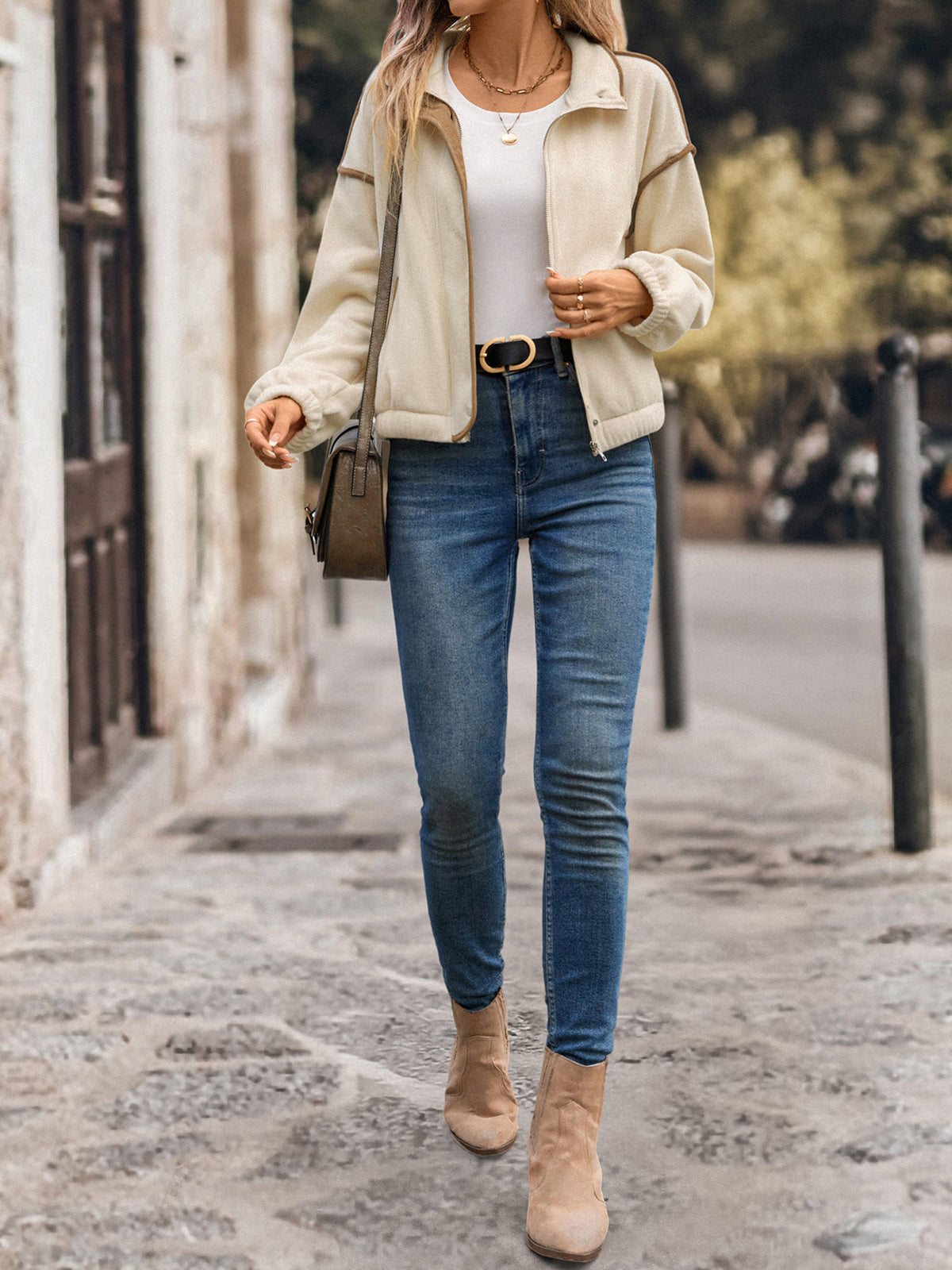 Cropped Fleece Jacket with Contrast Trim and Zip Front