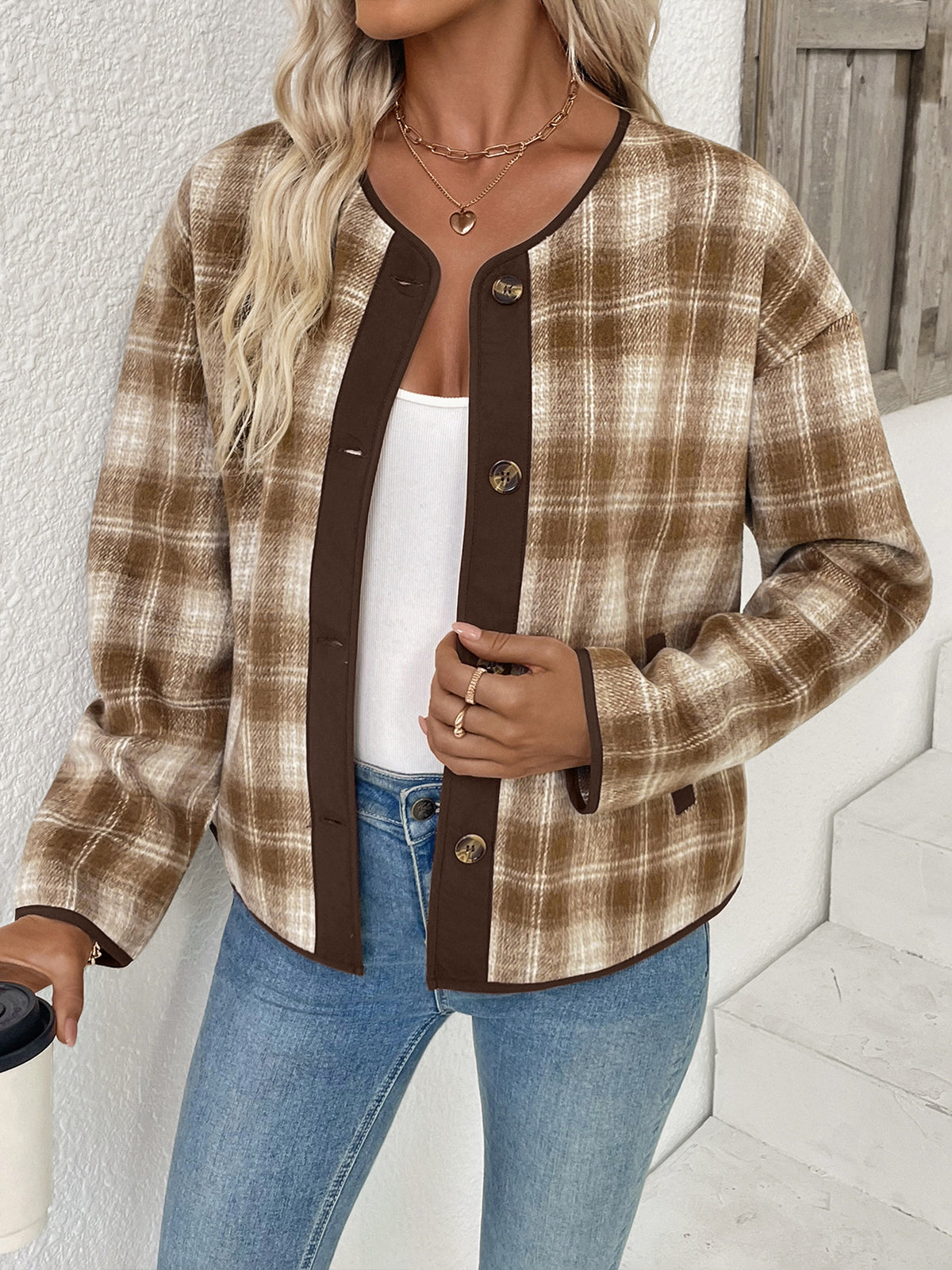Collarless Plaid Jacket with Contrast Trim and Button Front