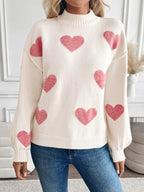 Mock Neck Heart Sweater with Lantern Sleeves