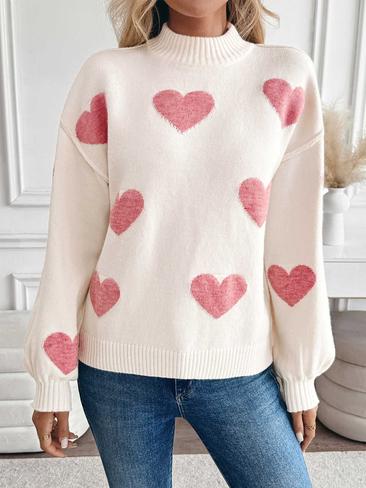 Mock Neck Heart Sweater with Lantern Sleeves