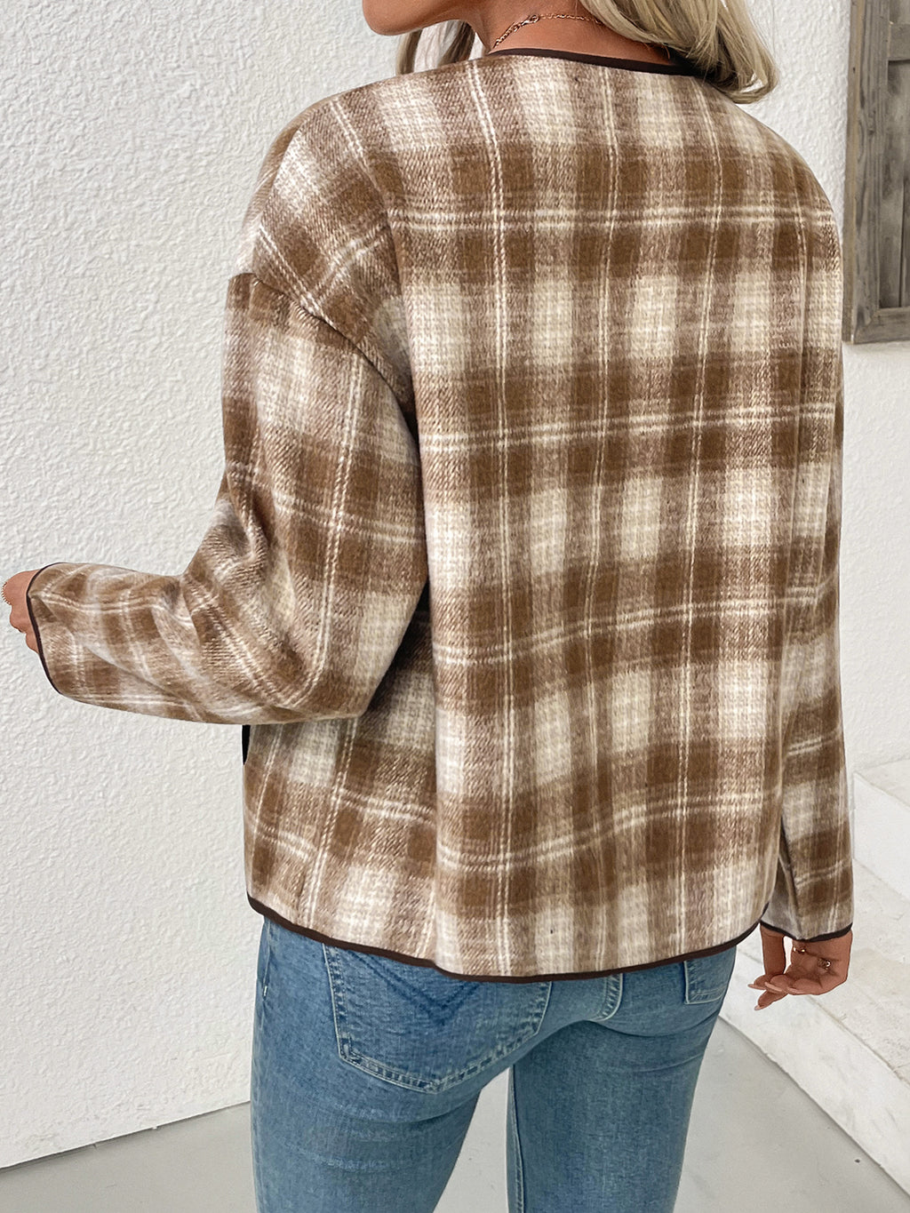 Collarless Plaid Jacket with Contrast Trim and Button Front