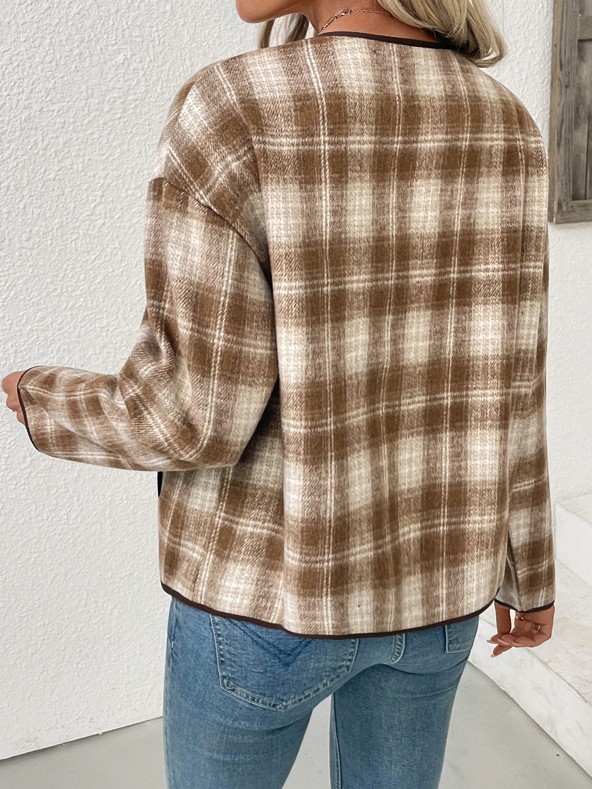 Collarless Plaid Jacket with Contrast Trim and Button Front