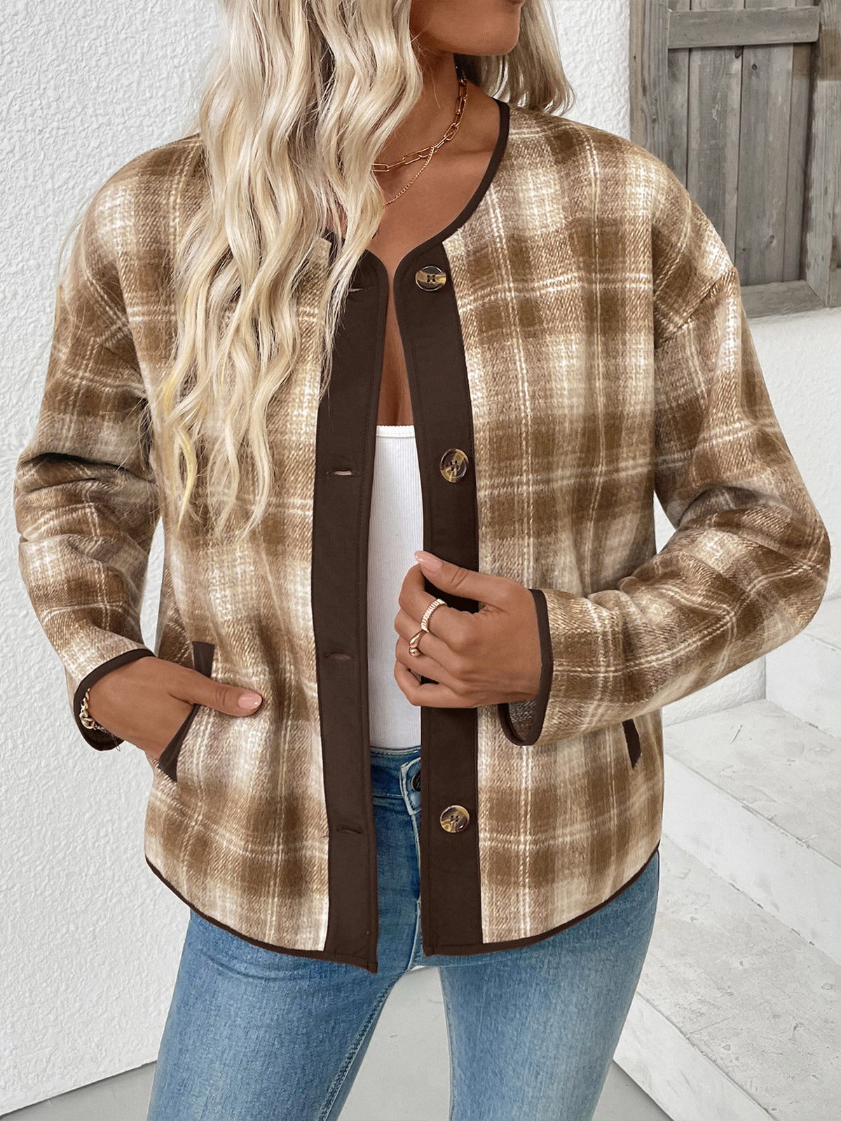 Collarless Plaid Jacket with Contrast Trim and Button Front