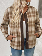 Collarless Plaid Jacket with Contrast Trim and Button Front